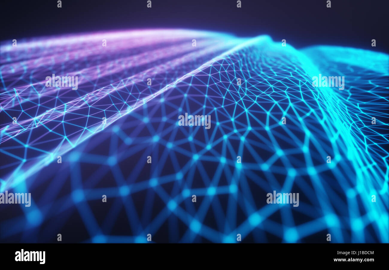 Illustration 3D mesh, estampé représentant internet, de cloud computing et réseau de neurones. Banque D'Images