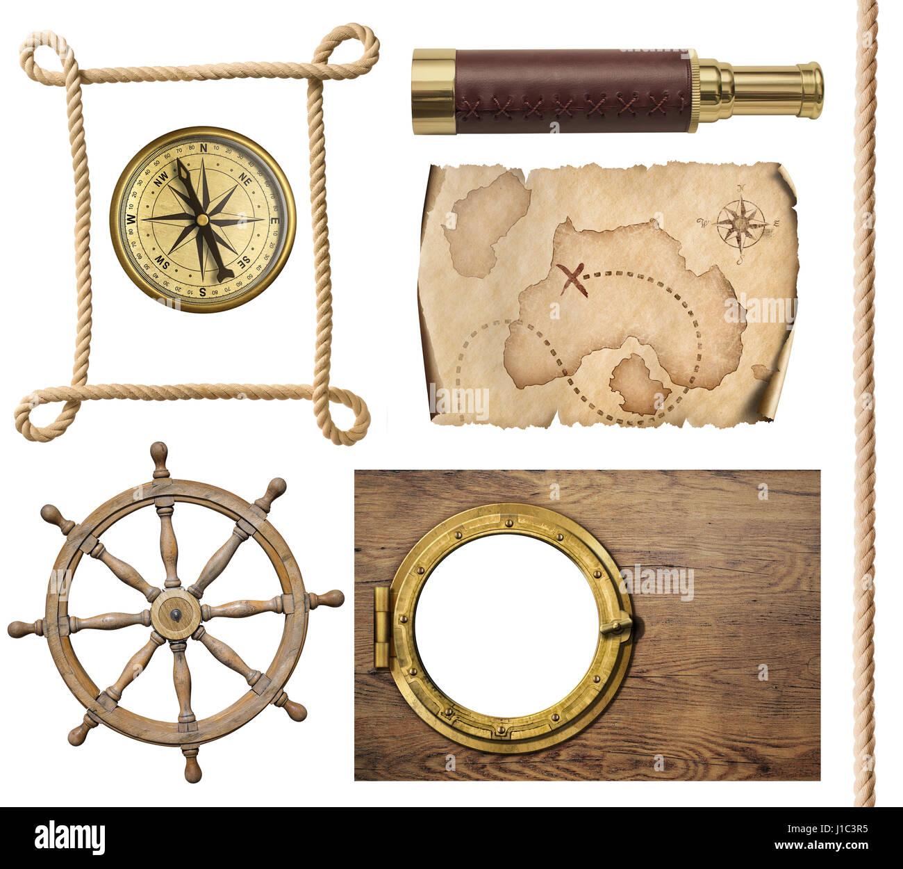 Objets nautiques corde, carte, boussole, volant et hublot 3d illustration Banque D'Images