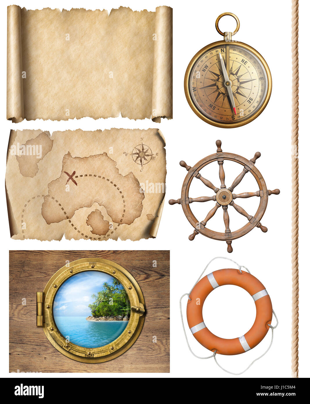 Objets nautiques corde, cartes, compas, volant et hublot 3d illustration Banque D'Images