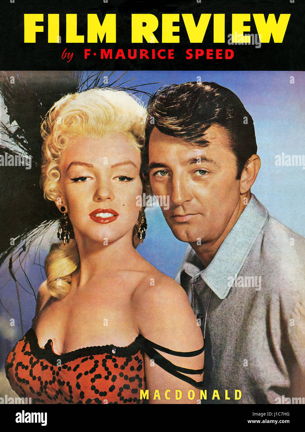 Couverture du livre Film Review, Volume 11, 1954-1955 avec Marilyn Monroe et Robert Mitchum dans le film Rivière sans retour. Édité par F. Maurice Vitesse et publié par MacDonald en 1954. Banque D'Images