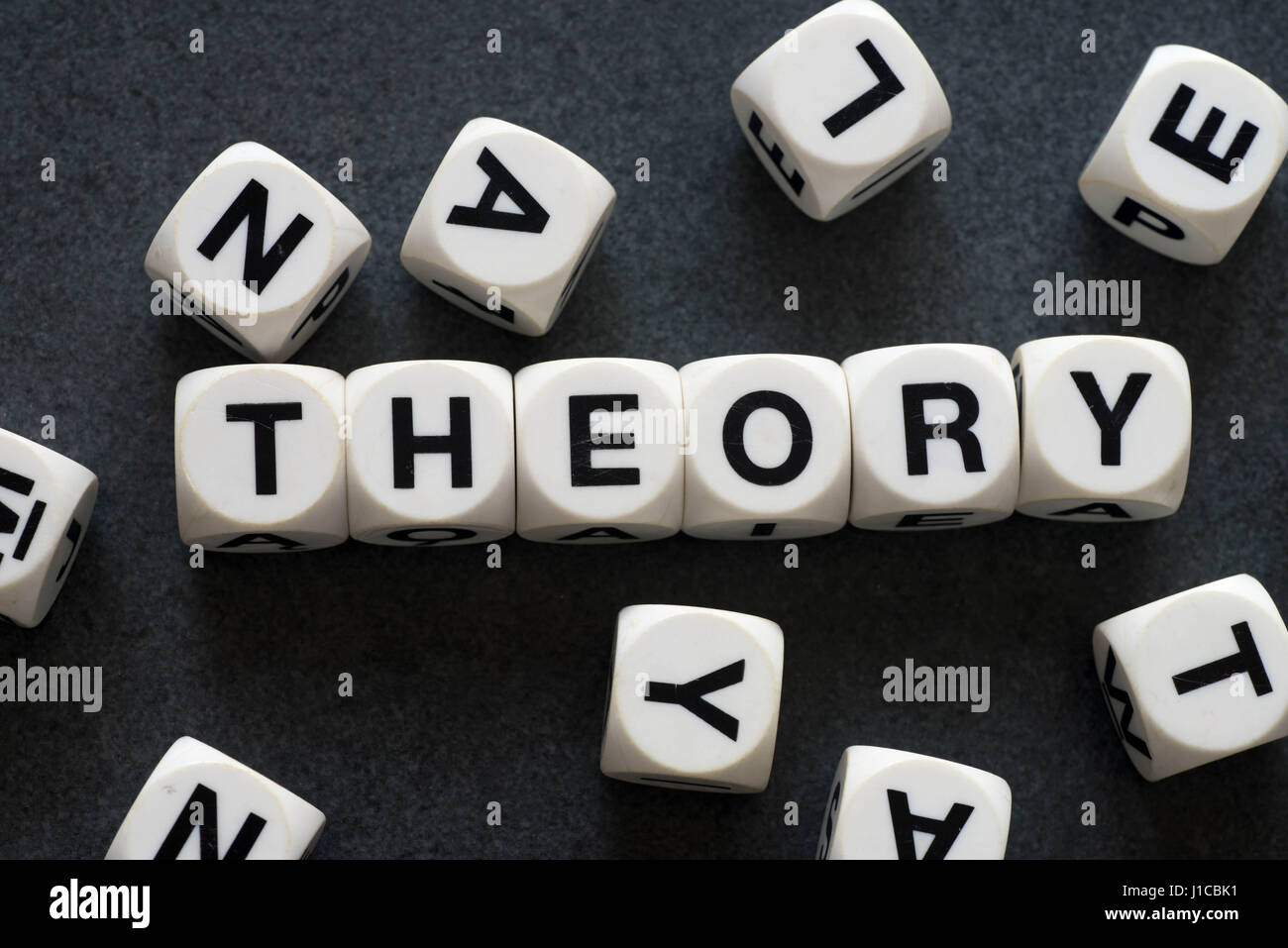 Mot théorie sur les cubes jouet blanc Banque D'Images