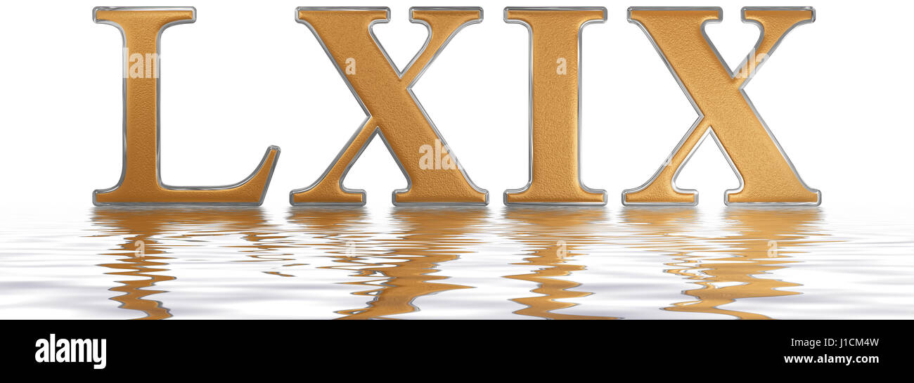 Le chiffre romain LXIX, novem et sexaginta, 69, soixante-neuf, reflétée sur la surface de l'eau, isolé sur blanc, 3D render Banque D'Images