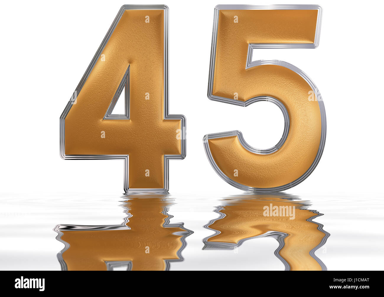 Chiffre 45, quarante cinq, reflétée sur la surface de l'eau, isolé sur blanc, 3D render Banque D'Images