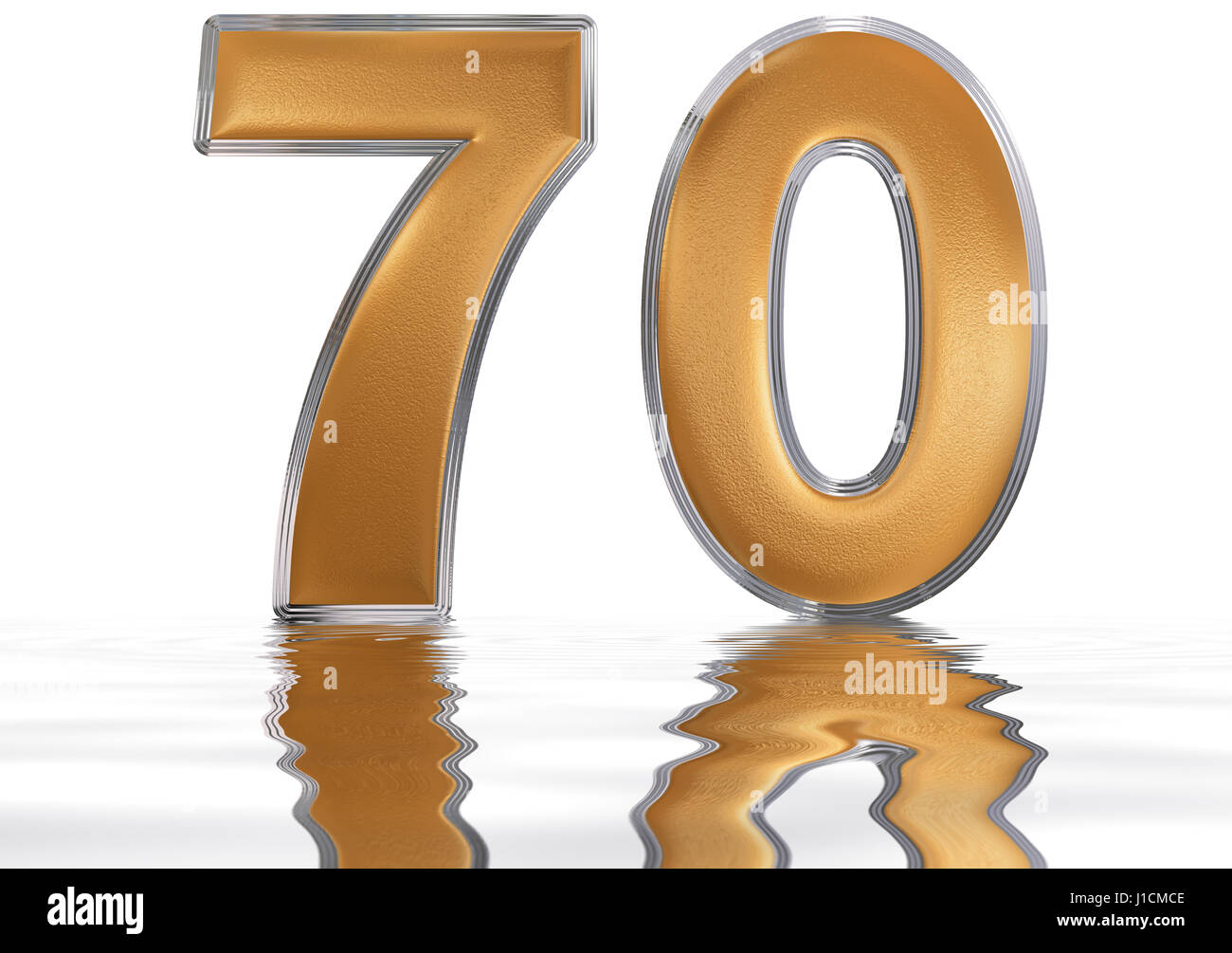 70, chiffre 70, reflétée sur la surface de l'eau, isolé sur blanc, 3D render Banque D'Images