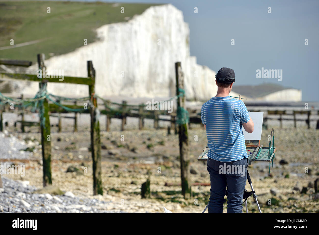 La peinture de l'artiste sept Sœurs emblématique des falaises de craie dans le parc national des South Downs, East Sussex Banque D'Images