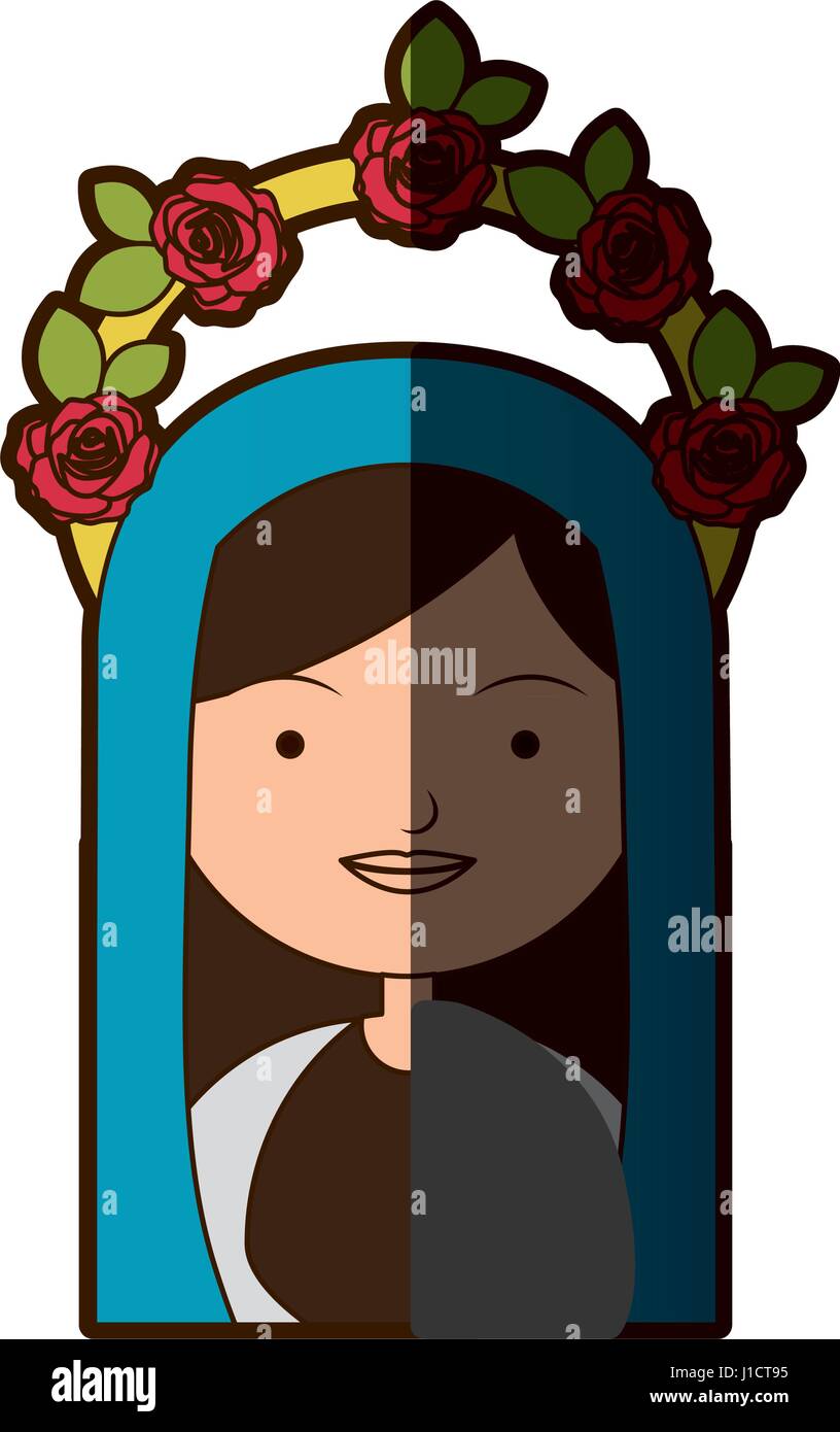 Fond blanc de moitié du corps colorés belle vierge avec couronne de roses et manteau bleu avec demi-ombre Illustration de Vecteur