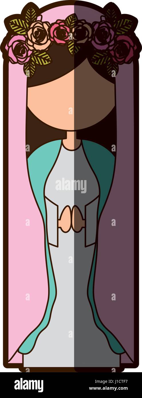 Fond blanc sans visage de vierge avec couronne de roses et manteau rose avec demi-ombre Illustration de Vecteur