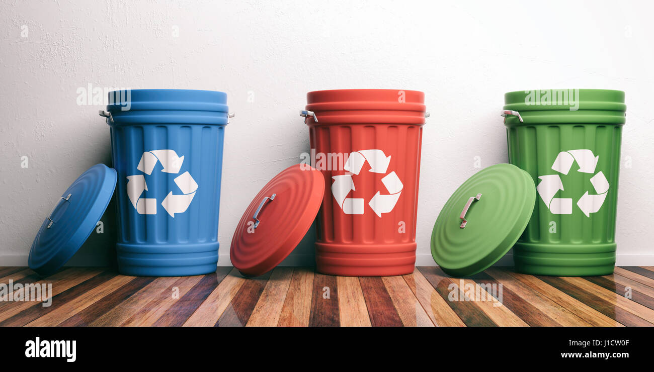 Poubelles pour le recyclage sur plancher en bois. La notion de recyclage.  3d illustration Photo Stock - Alamy