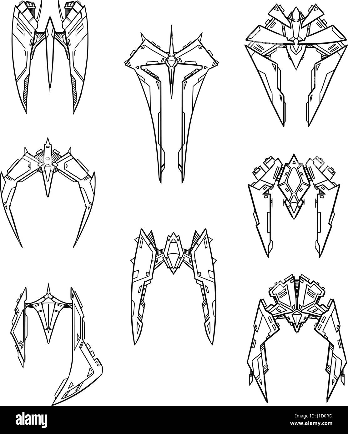 Ensemble de huit hand drawn cartoon vector space ship exotiques avec des conceptions navette look robotique Illustration de Vecteur