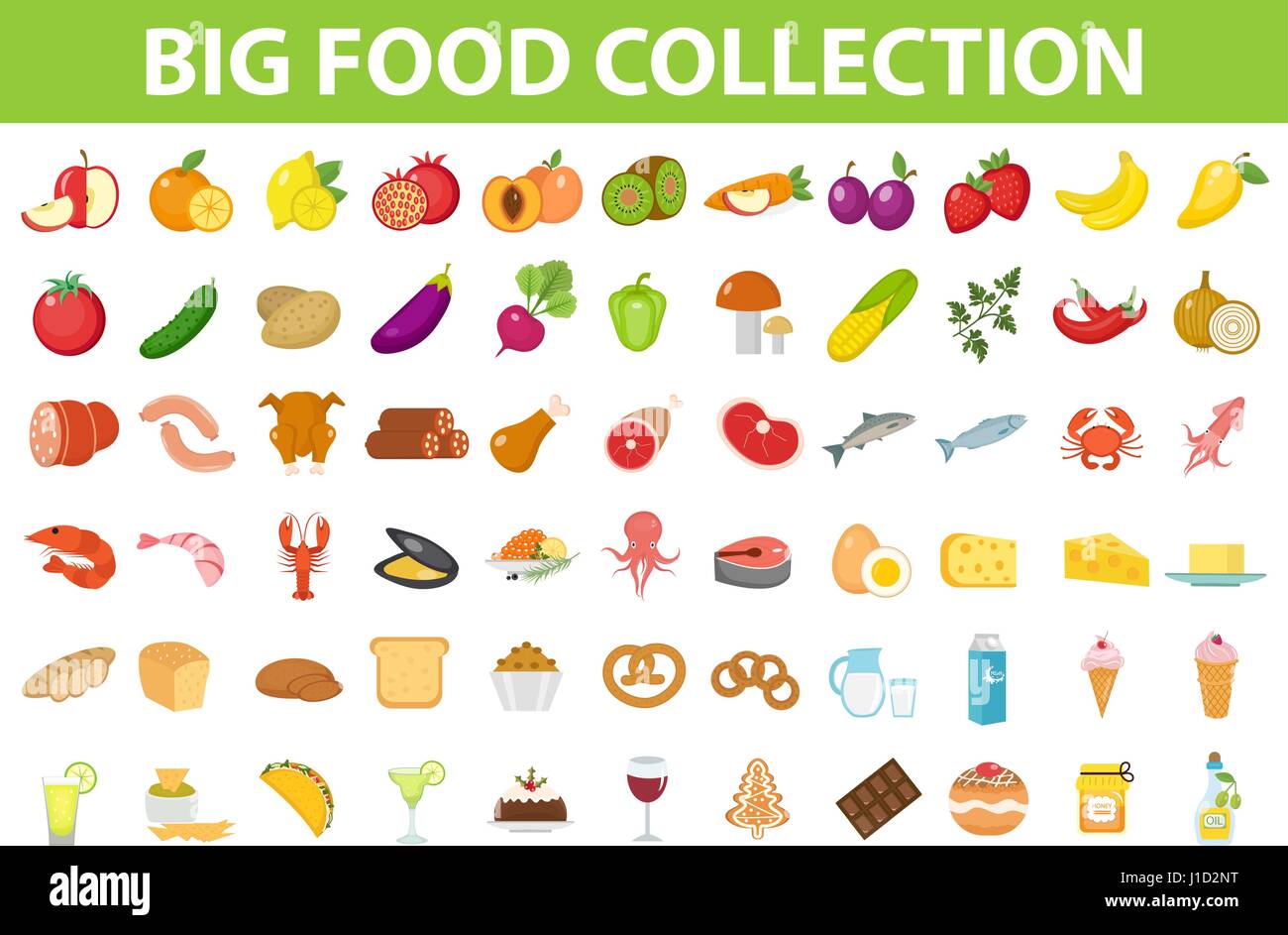 Grand set d'icônes de la nourriture, télévision style. Fruits, légumes, viande, poisson, pain, lait, bonbons. L'icône de repas isolé sur fond blanc. Collection d'ingrédients. Vector illustration. Illustration de Vecteur