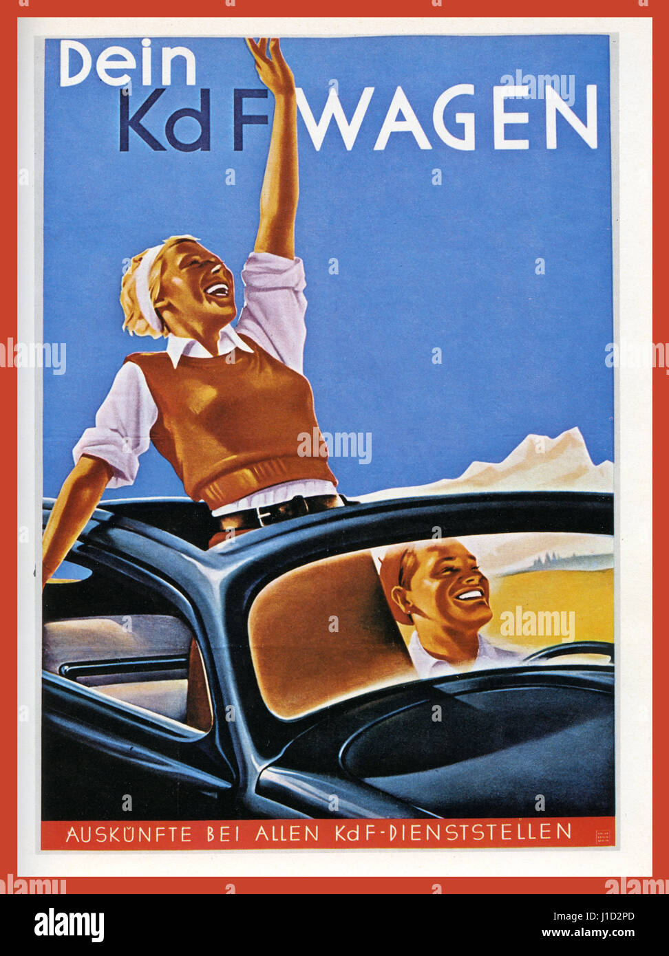 K d F WAGEN affiche de propagande l'Allemagne nazie des années 1930 Volkswagen avec 'Kraft durch Freude' KDF-WAGEN (force par la joie) voiture à toit ouvert avec heureux idéaliste blond couple Aryan allemand appréciant 'la voiture du peuple' Allemagne nazie Banque D'Images