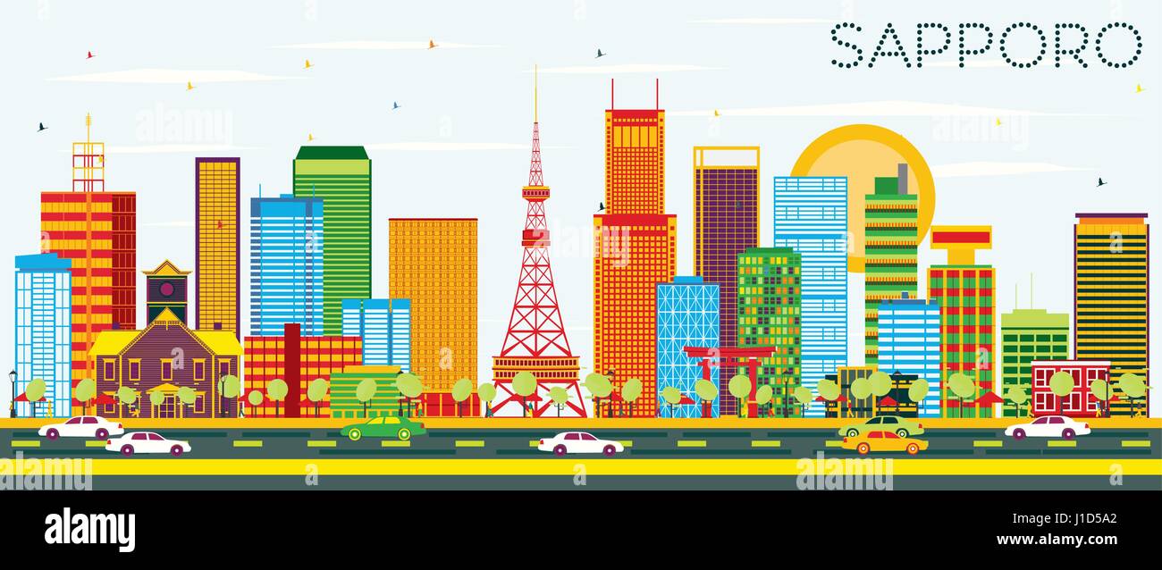 Sapporo avec toits de bâtiments et de couleur bleu ciel. Vector Illustration. Les voyages d'affaires et tourisme Concept avec l'architecture moderne. Illustration de Vecteur