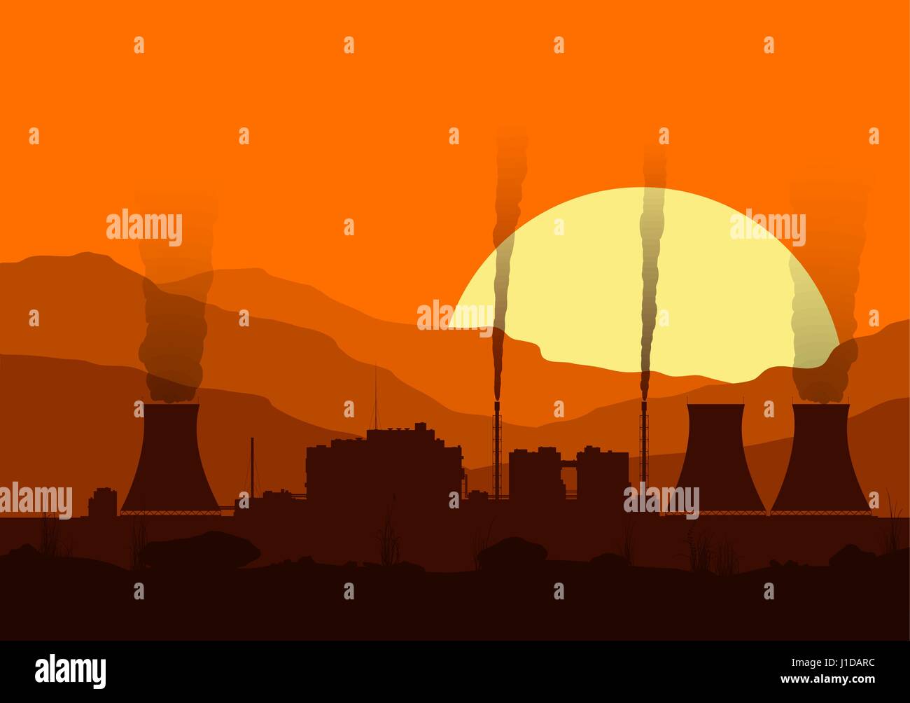 Silhouette d'une centrale nucléaire au coucher du soleil. Illustration de Vecteur