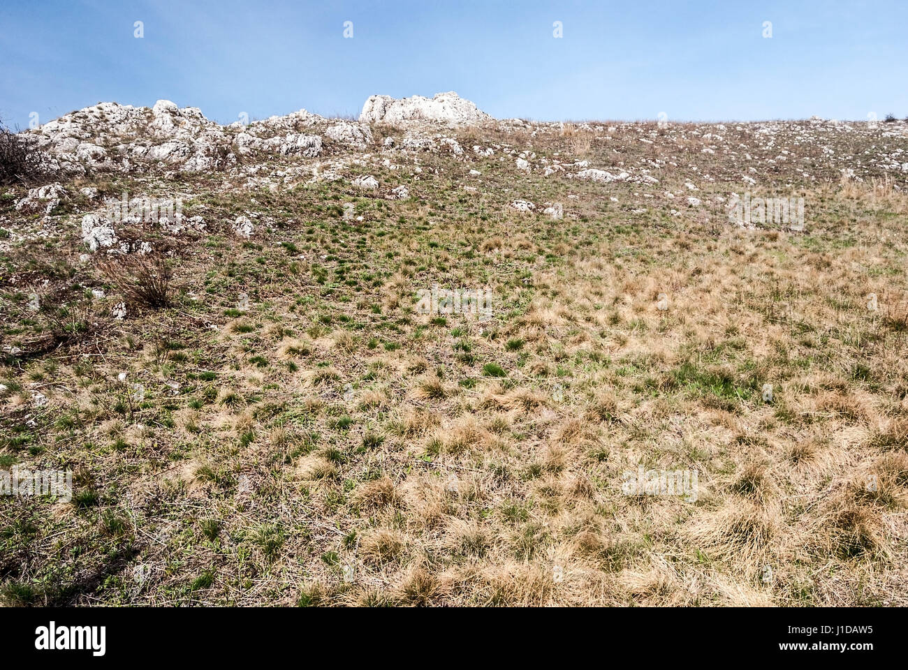 Prairie avec de petits rochers calcaires et ciel clair ci-dessous devin hill au printemps palava montagnes en Moravie du sud Banque D'Images
