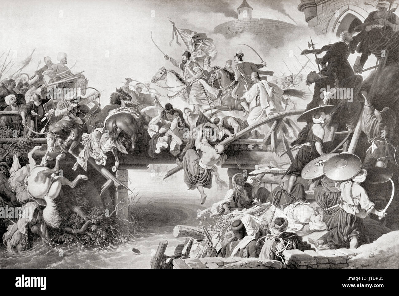 Nikola Šubić Zrinski sa charge de la forteresse de Szigetvár pendant le siège de 1566. Sultan Soleiman a commencé le siège de Szigetvar, la Hongrie et le Comte Nicolas Zrinski sorties indépendants pour la défense de la ville, obligeant les turcs à progresser par l'exploitation minière les murs. L'histoire de Hutchinson de l'ONU, publié 1915 Banque D'Images