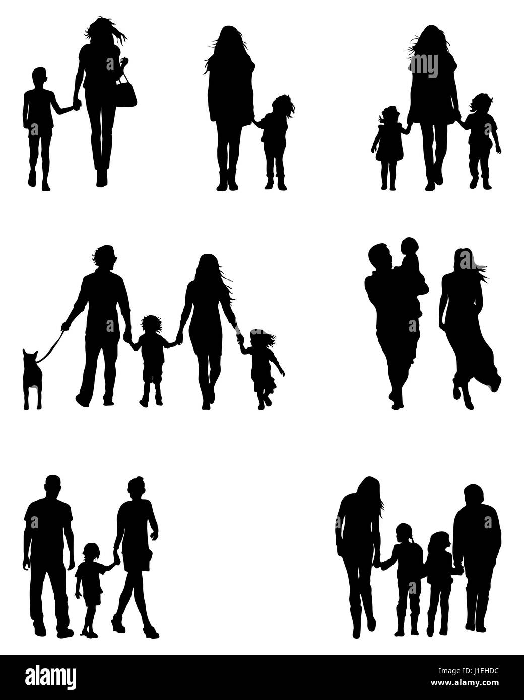 Silhouettes noires des familles en marchant sur un fond blanc Banque D'Images