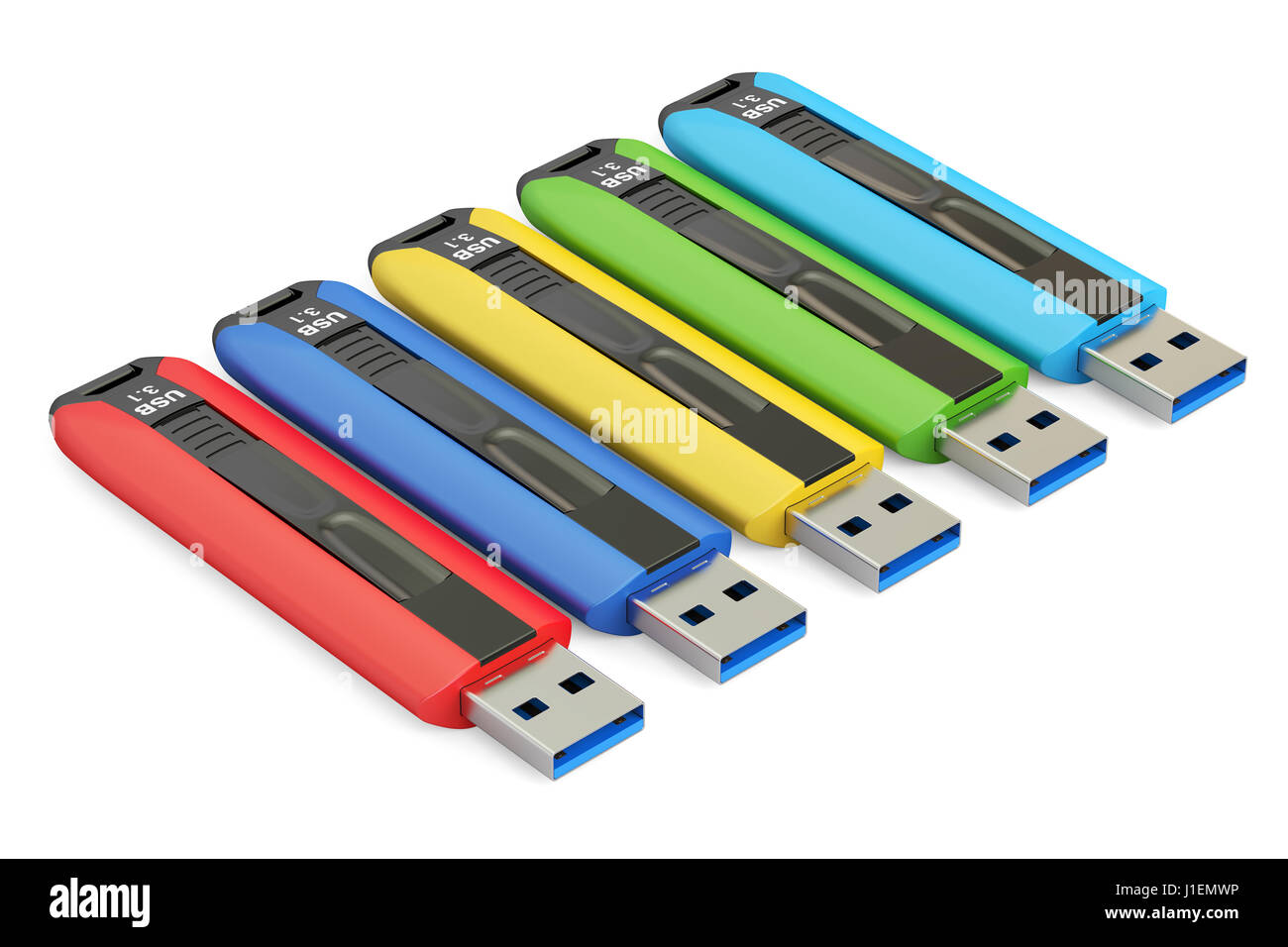 Ensemble de lecteurs flash USB de couleur 3.1, rendu 3D isolé sur fond blanc Banque D'Images