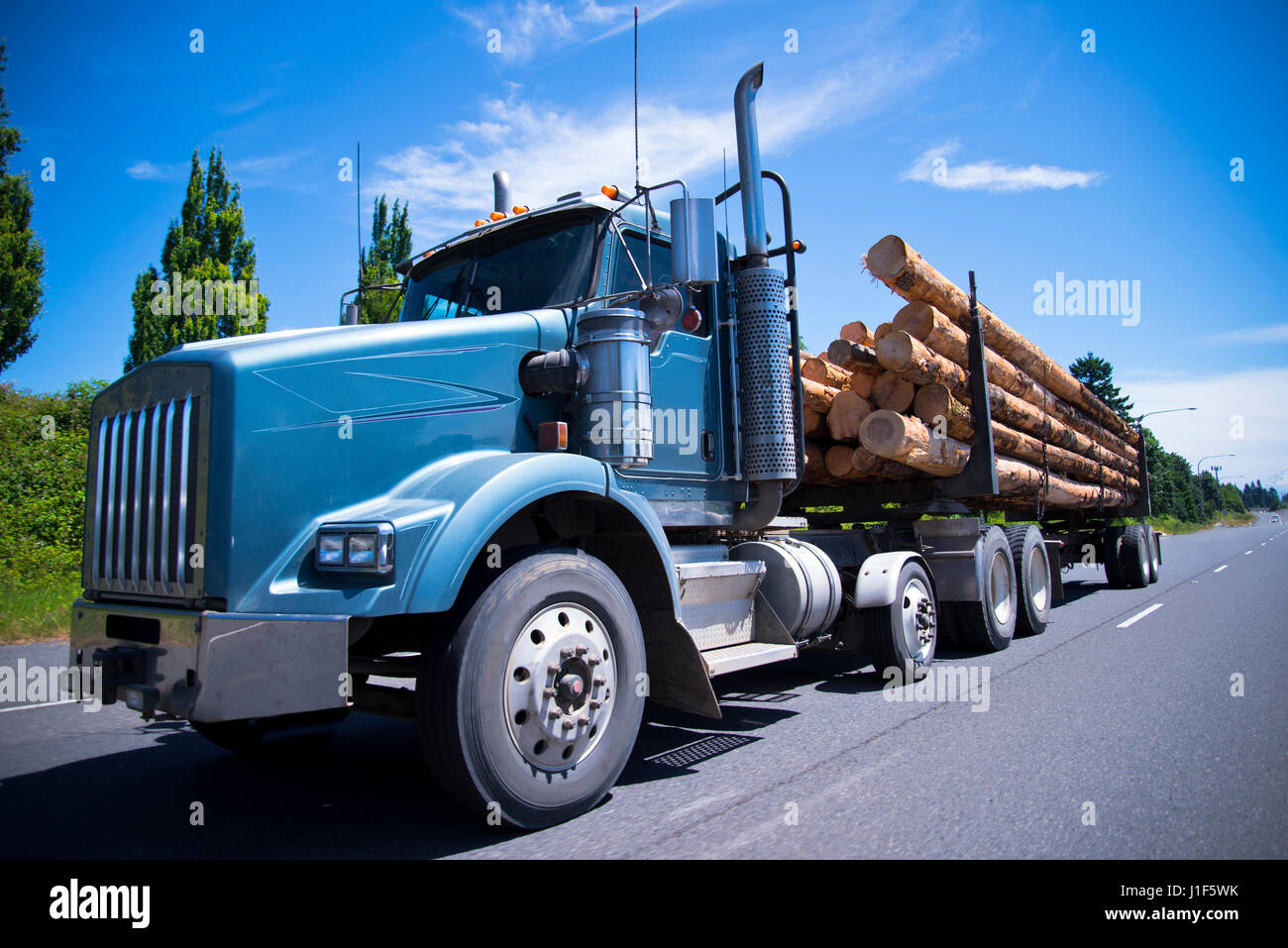 Cheval bleu puissant capot semi truck avec un filtre à particules diesel et d'une longue remorque transporte d'énormes billots de la connexion à Banque D'Images
