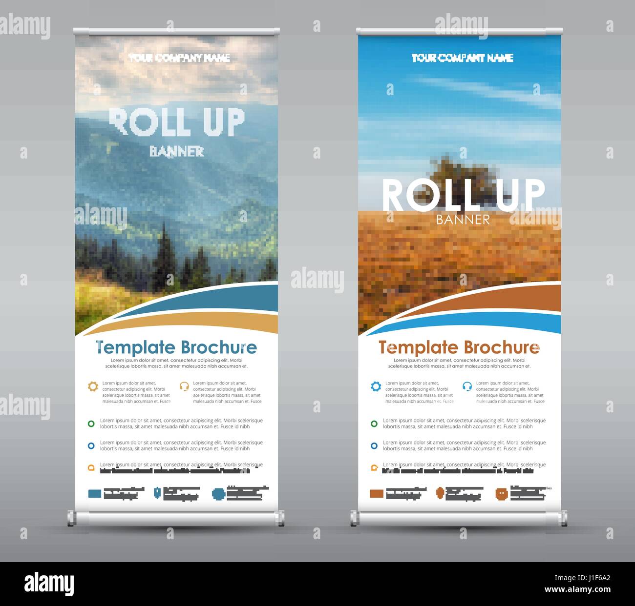 Universal roll up banner modèle pour les affaires ou les voyages. Concevoir une brochure vertical avec des montagnes et un champ, avec une place pour des photos et informations Illustration de Vecteur