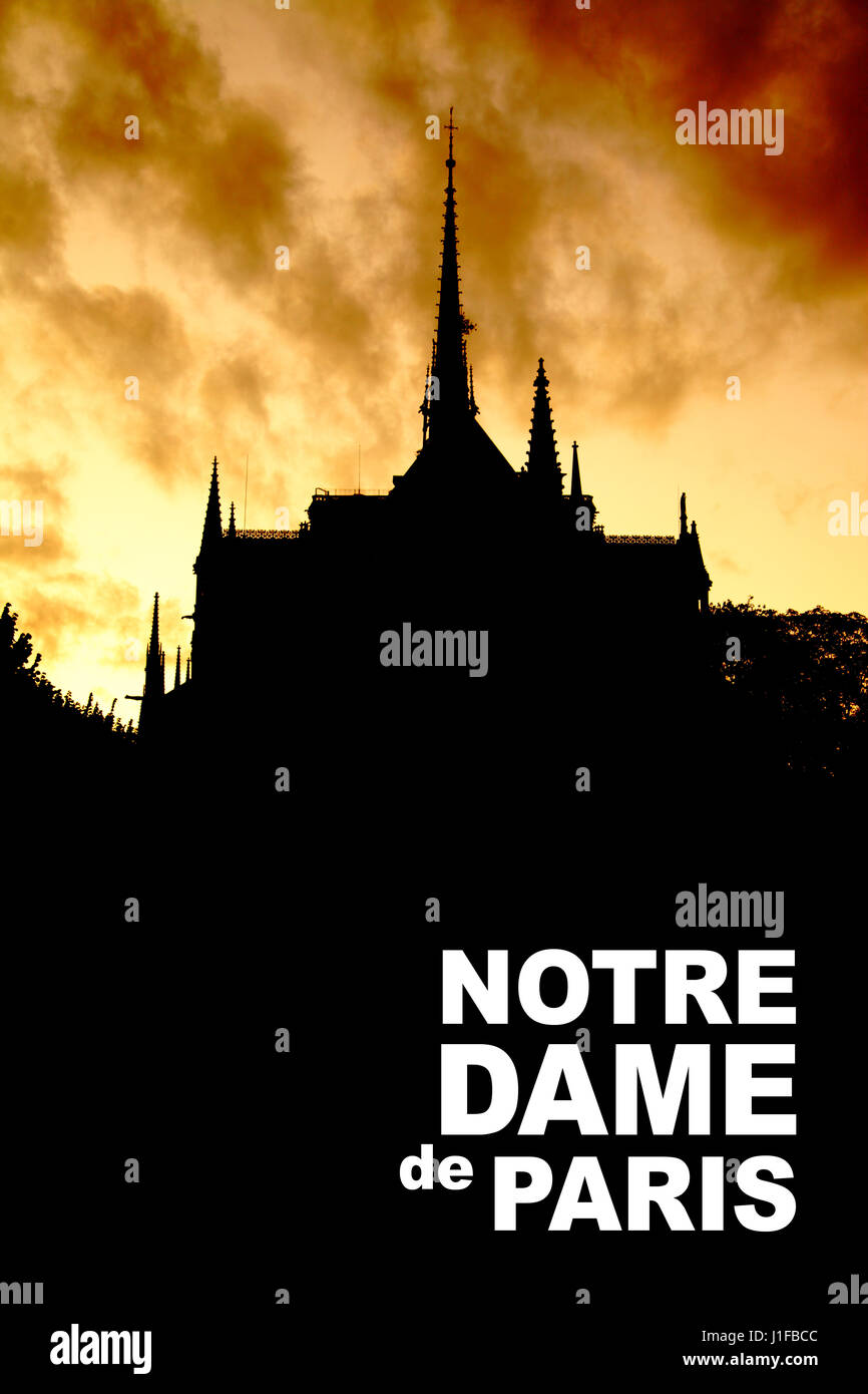 Silhouette noire de Notre Dame de Paris avec l'espace pour votre propre texte Banque D'Images