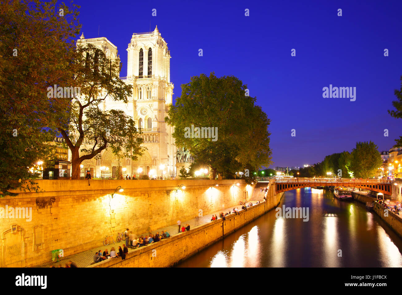 Notre Dame de Paris et de Seine la nuit, France Banque D'Images