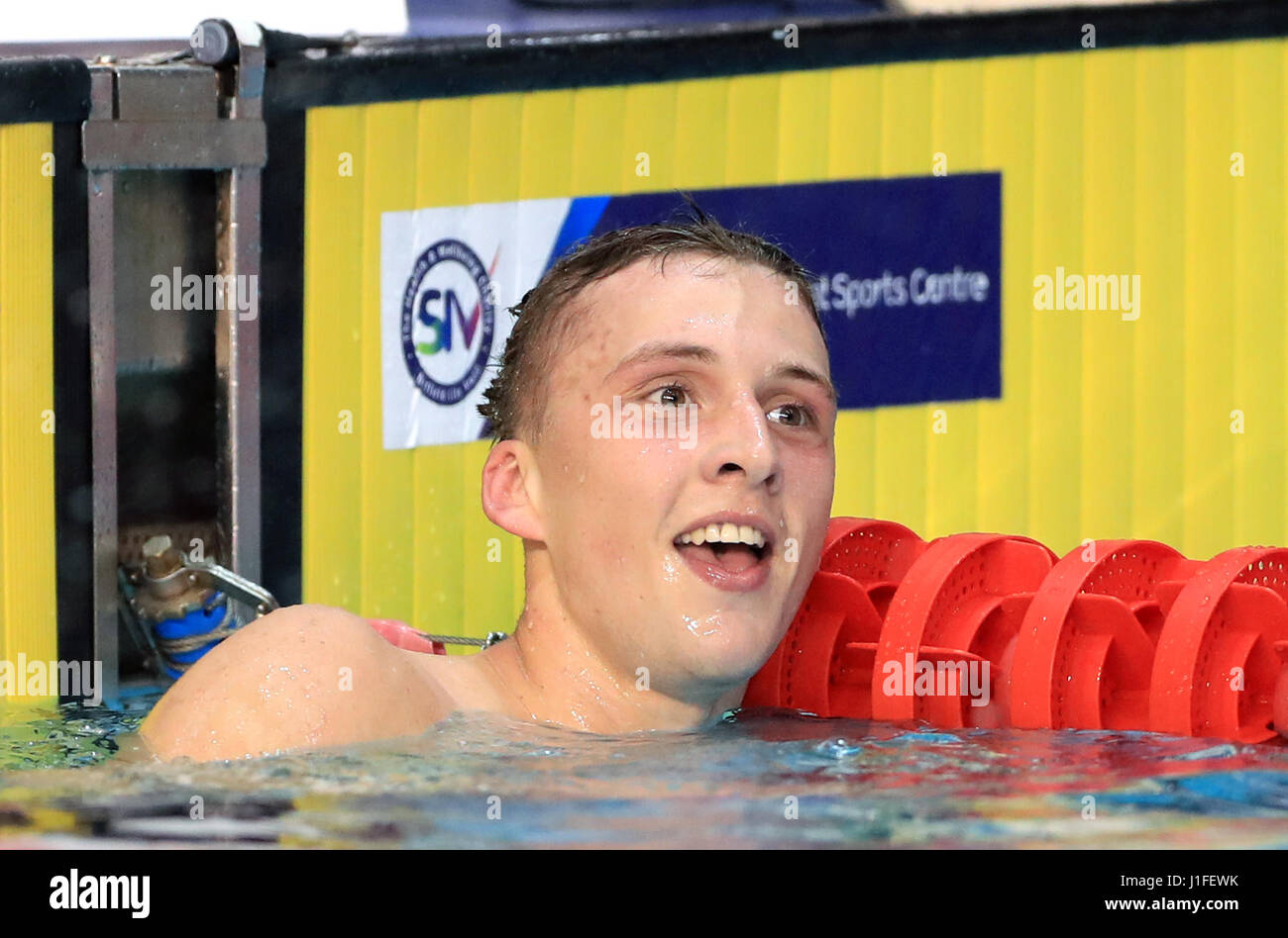 Daniel Jervis célèbre remportant le Men's Open 1500 m nage libre lors de la troisième journée du championnat de natation en 2017 à Sheffield, Ponds Forge. Banque D'Images