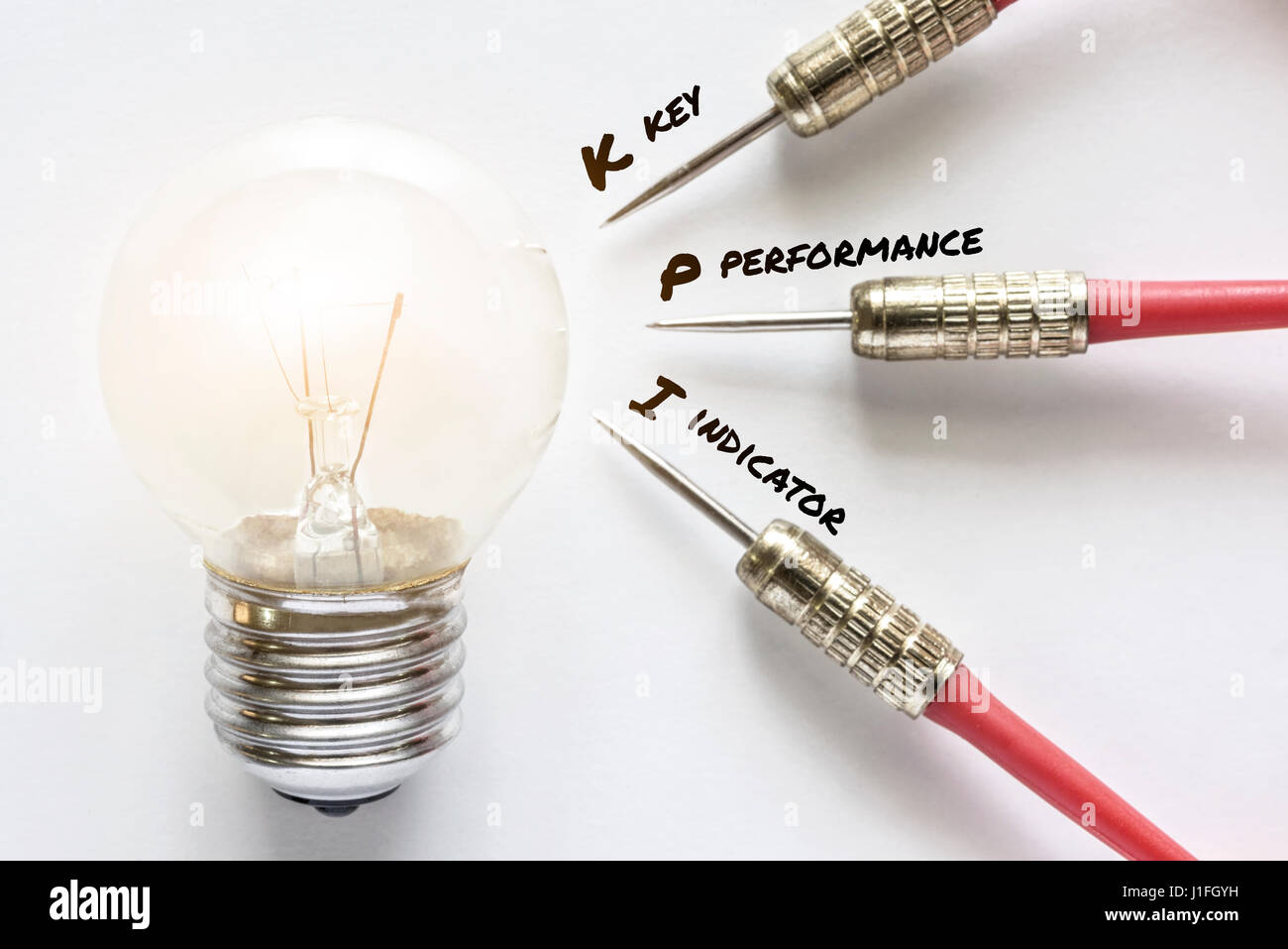 Indicateur de performance clé KPI avec dart idée ampoule lampe cible sur fond blanc, concept pour le succès des objectifs Smart Business Banque D'Images