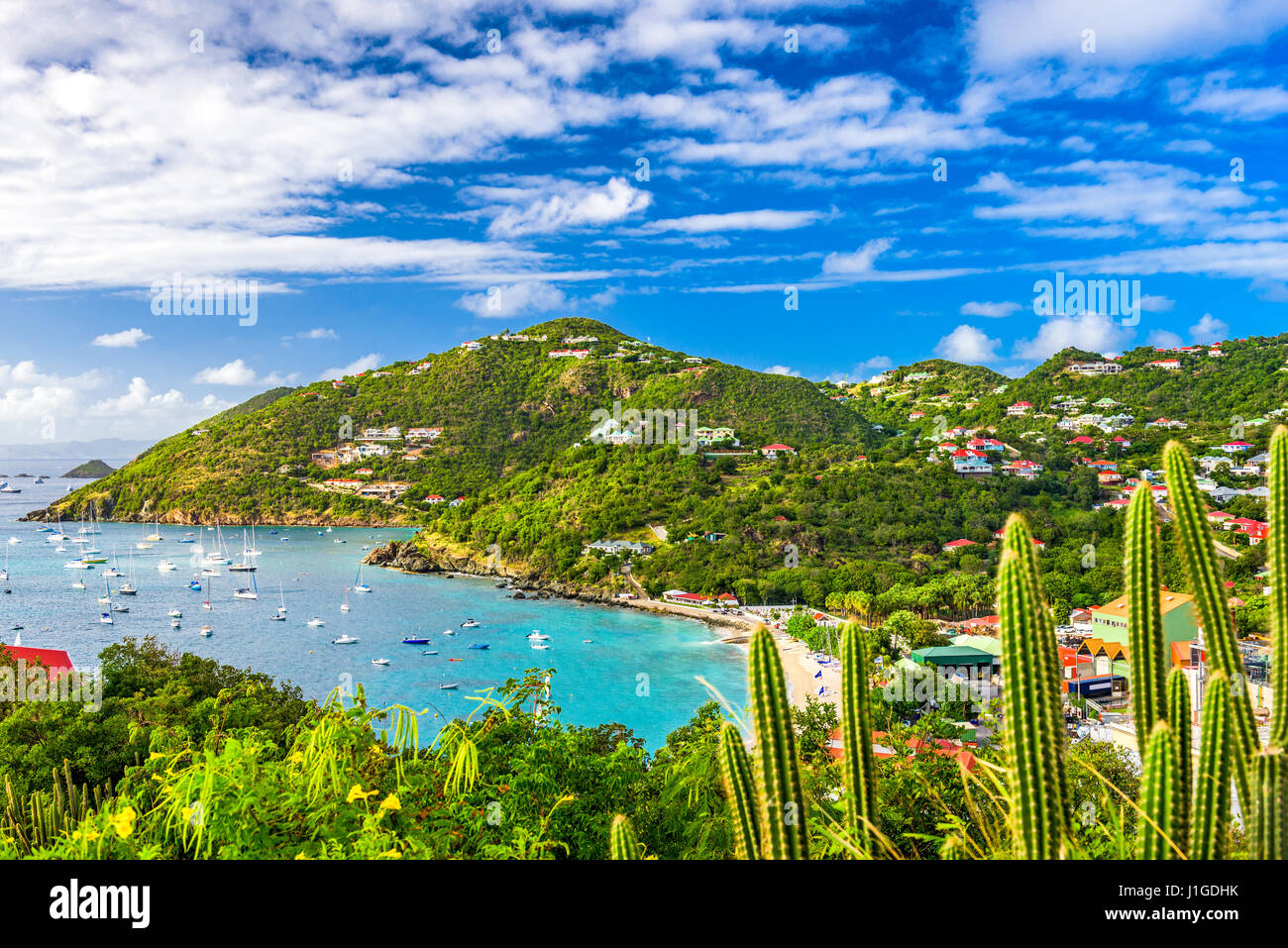 Le port et les toits de Saint Barthelemy dans les Antilles des Caraïbes. Banque D'Images