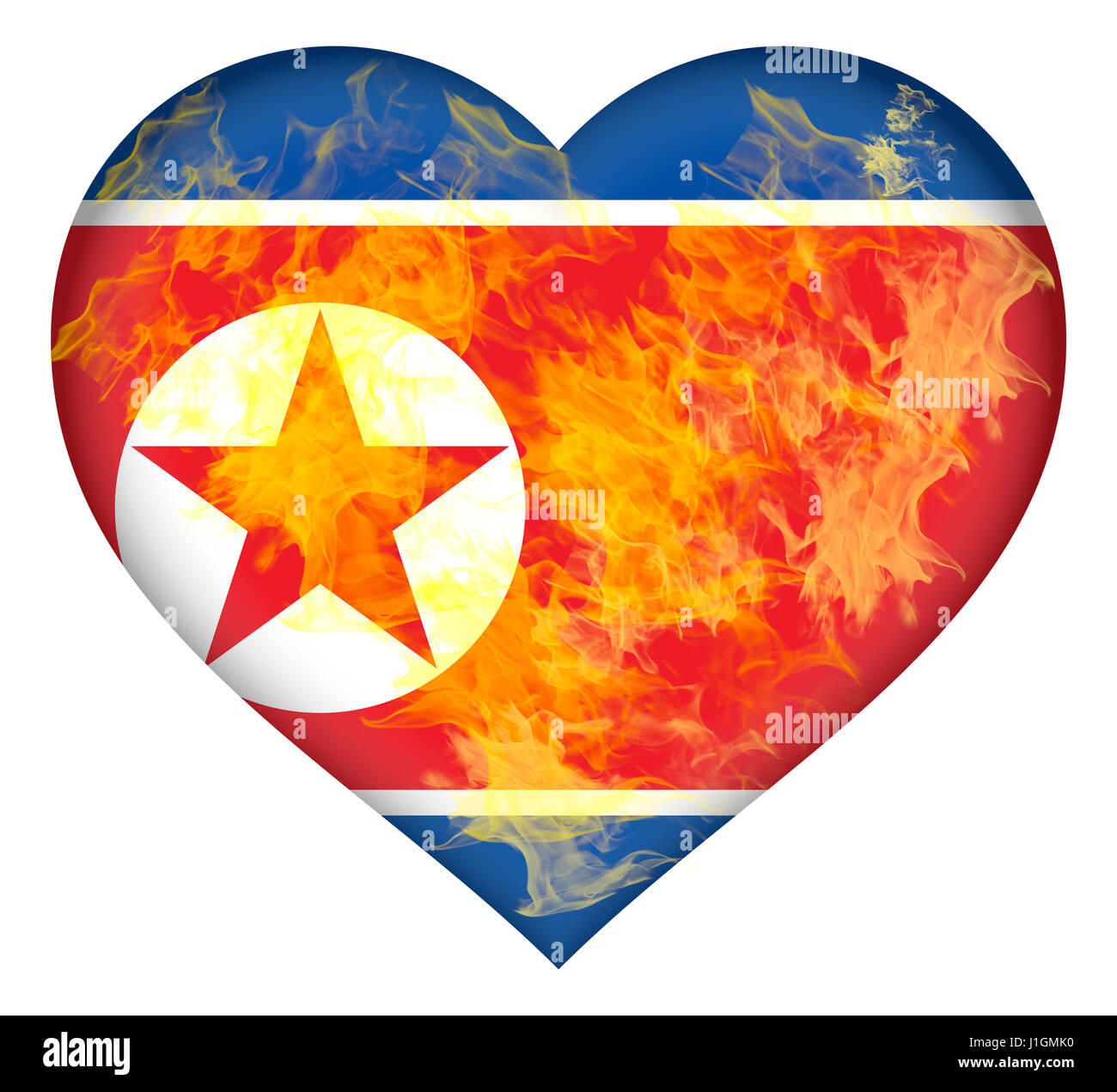 Illustration du drapeau de la Corée du Nord en forme de coeur en flammes Banque D'Images