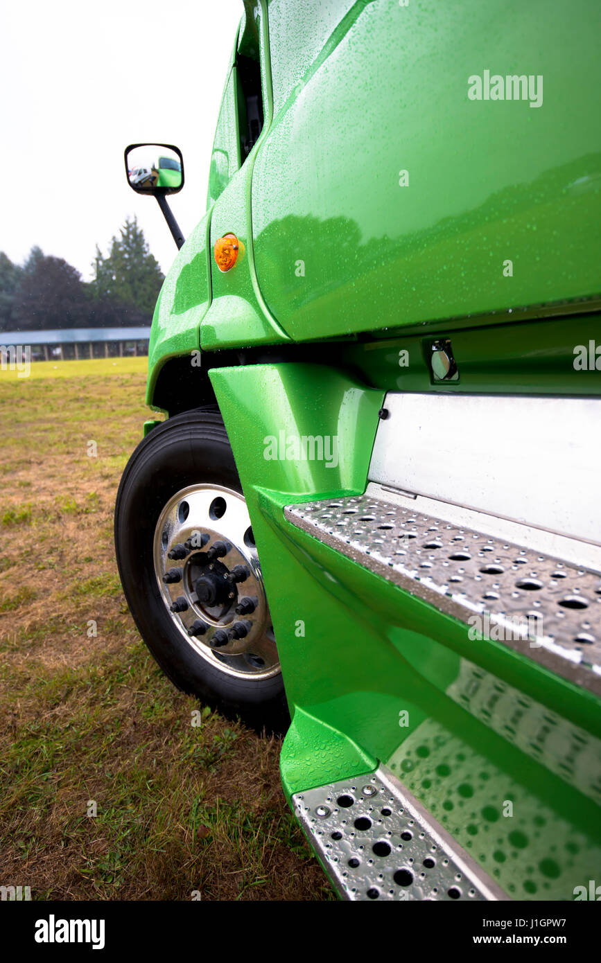 Détail d'un grand vert moderne semi truck avec une peinture brillante et garniture en aluminium sur les marches de sa cabine avec la réflexion de l'environnement Banque D'Images