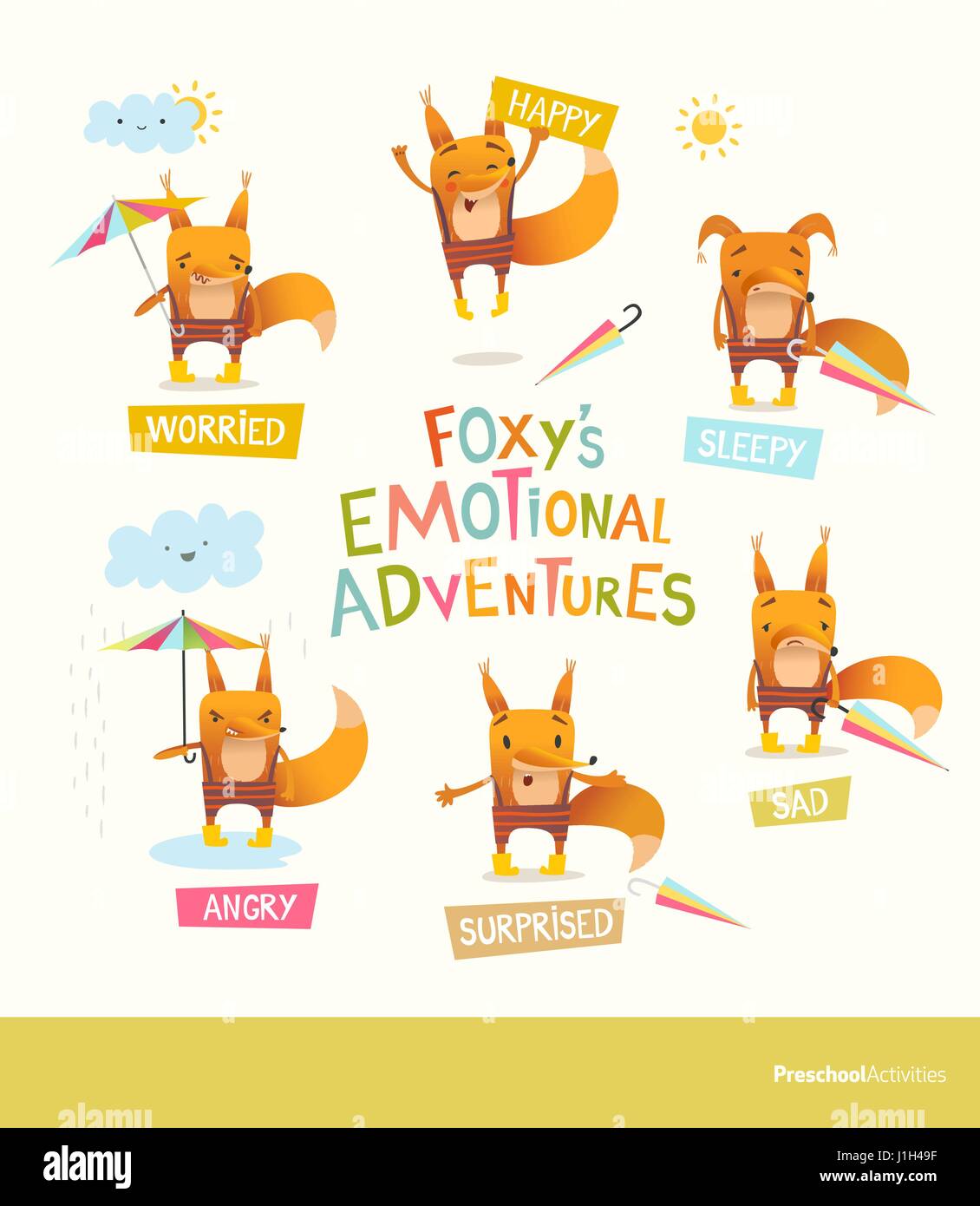 S rusé aventures émotionnelles. Cute cartoon fox pantalon bande en exprimant des sentiments différents. La manipulation des émotions positives et négatives concept. Vector illustration éducative de bannière, carte postale. Illustration de Vecteur