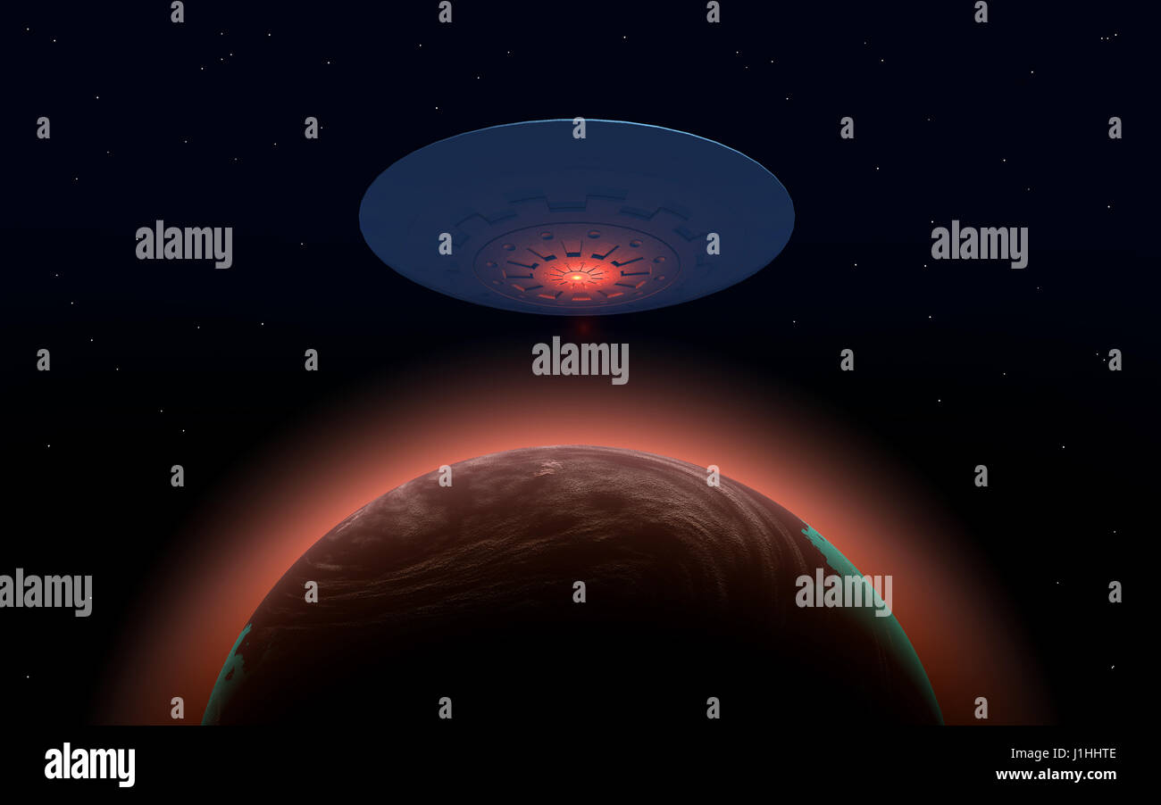 Une soucoupe volante soit quitter ou à l'arrivée de son monde natal exotiques Banque D'Images
