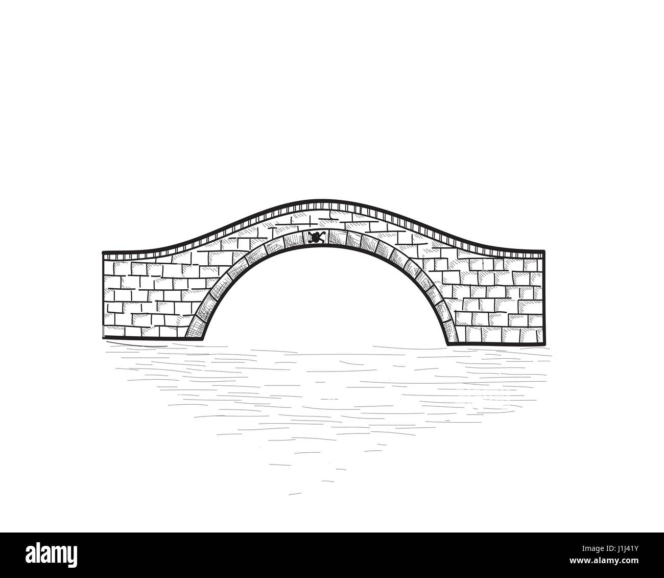 Petit pont de pierre isolés. gravure illustration rétro art ligne doodle. Illustration de Vecteur