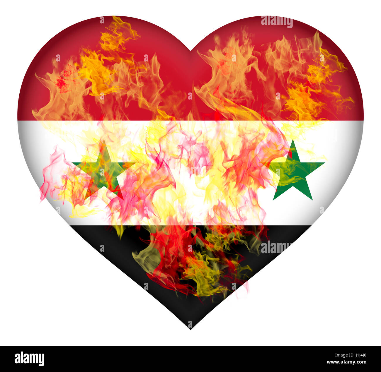 Illustration du drapeau de la Syrie en forme de coeur en flammes Banque D'Images