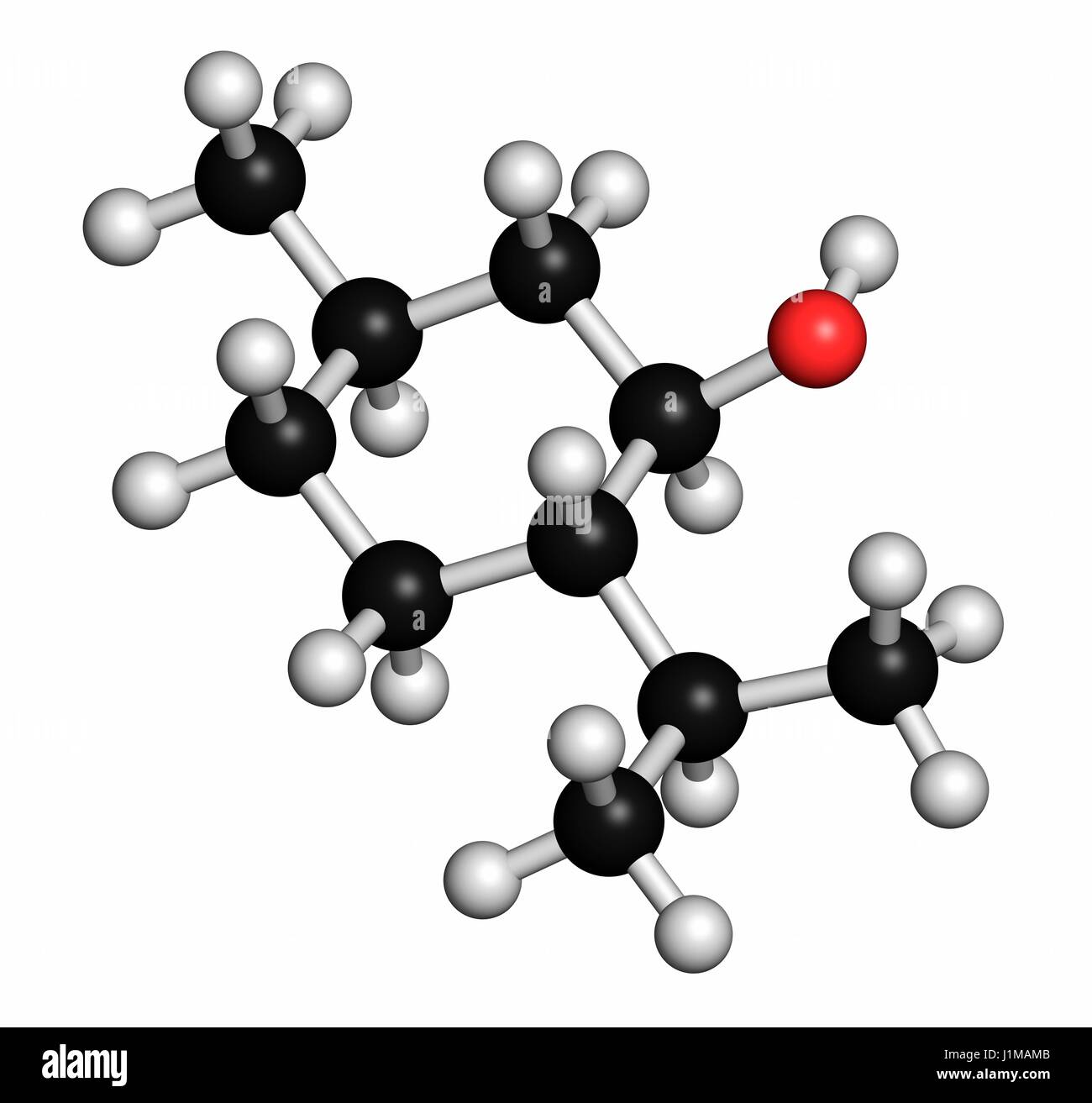 Molécule de menthol. Présente dans le maïs, menthe poivrée Menthe, etc. Les atomes sont représentés comme des sphères classiques avec codage couleur : blanc (hydrogène), carbone (gris), l'oxygène (rouge). Banque D'Images