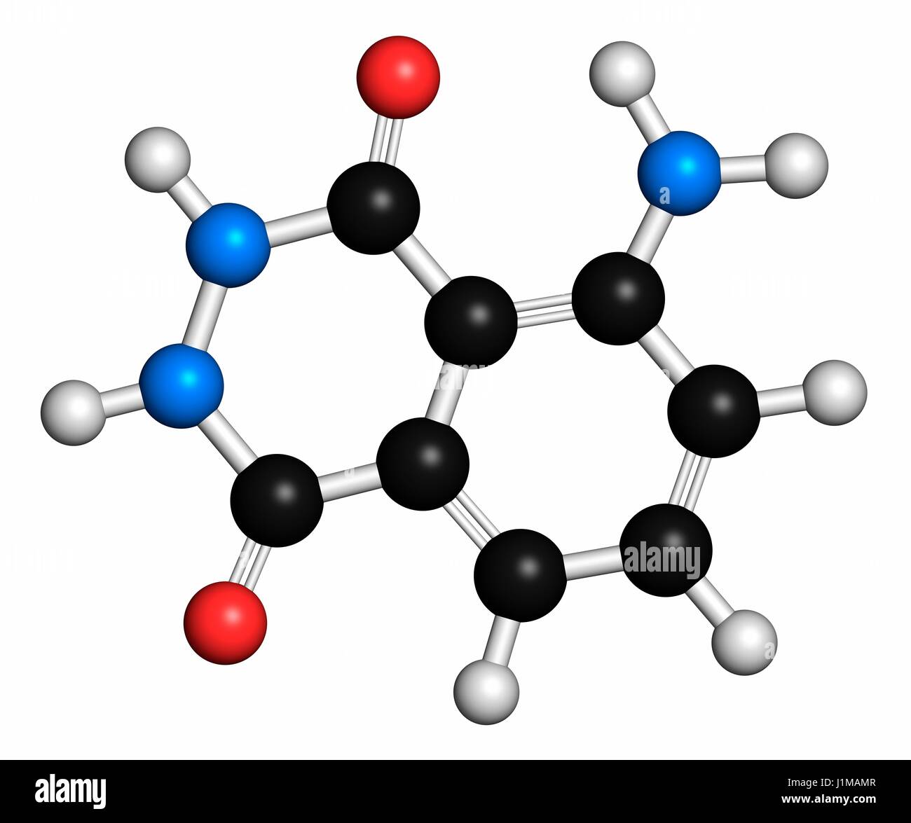 Molécule chimiluminescent luminol. Utilisé pour détecter le sang à des scènes de crime. Les atomes sont représentés comme des sphères classiques avec codage couleur : blanc (hydrogène), carbone (gris), l'oxygène (rouge), l'azote (bleu). Banque D'Images