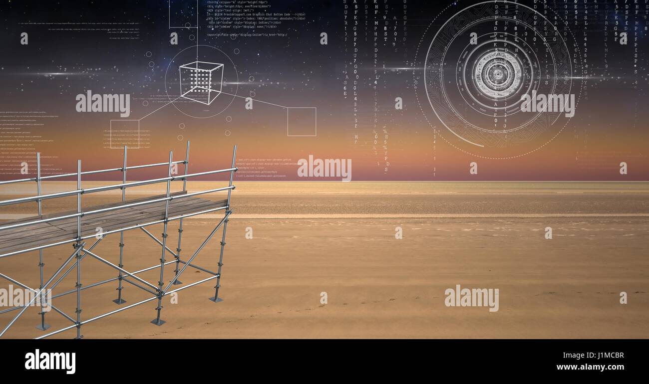 Digital composite de ciel paysage avec l'interface de la technologie et de l'échafaudage 3D Banque D'Images