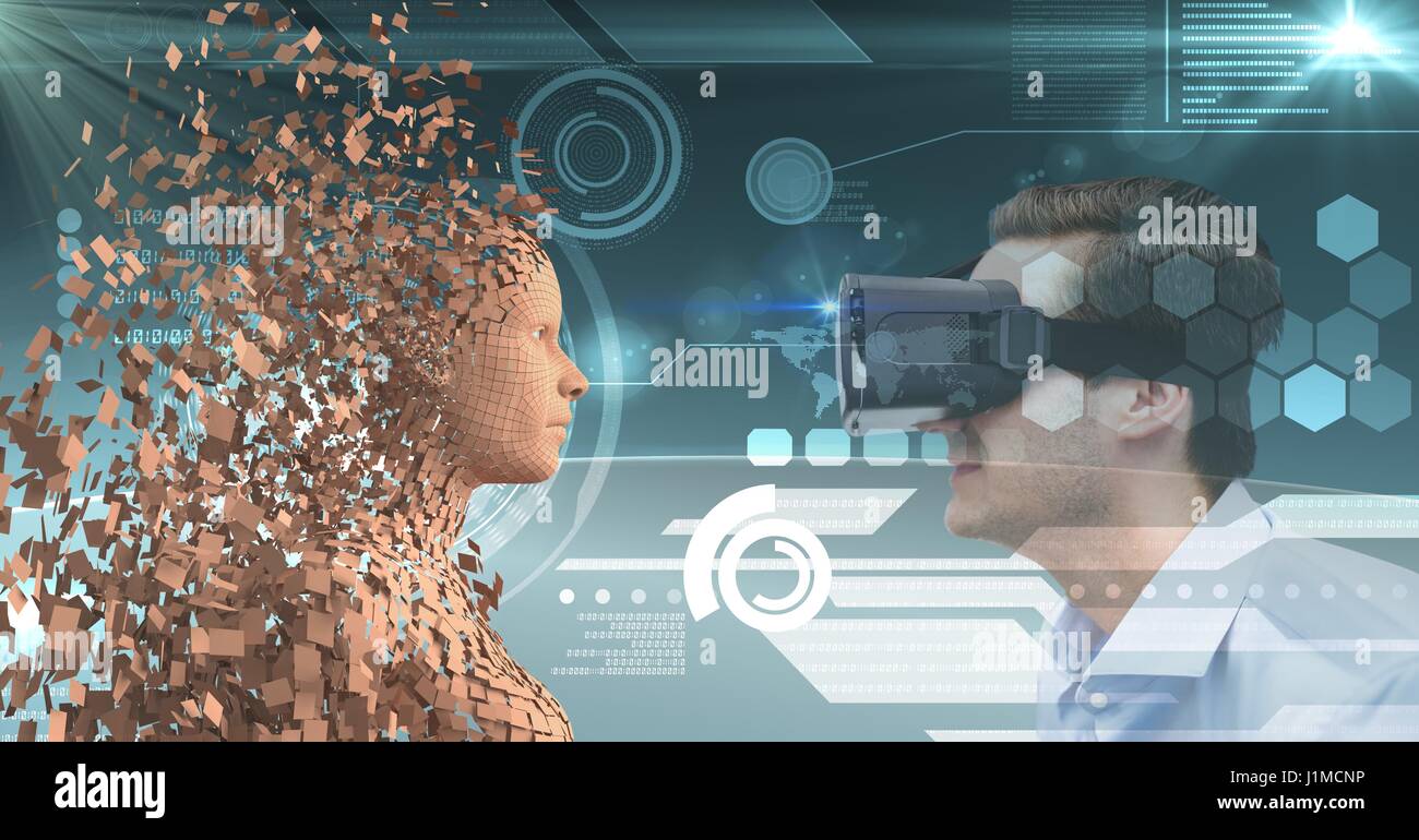 Digital composite of Businessman looking at 3d human par lunettes VR Banque D'Images