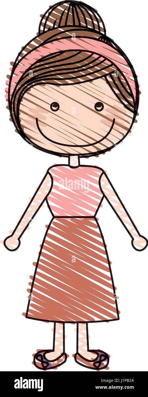 Dessin au crayon de couleur de la caricature recueillies hairstyle femme jupe et chemise Illustration de Vecteur