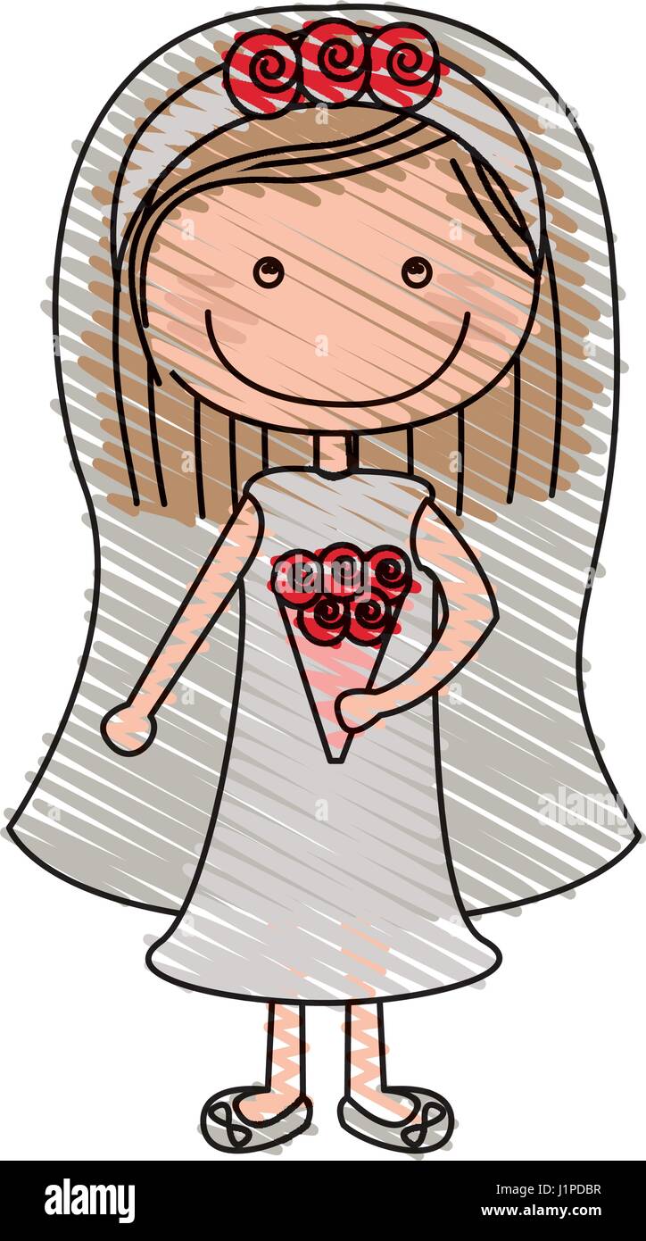 Dessin au crayon de couleur de la caricature femme en robe de mariage avec les cheveux courts Illustration de Vecteur