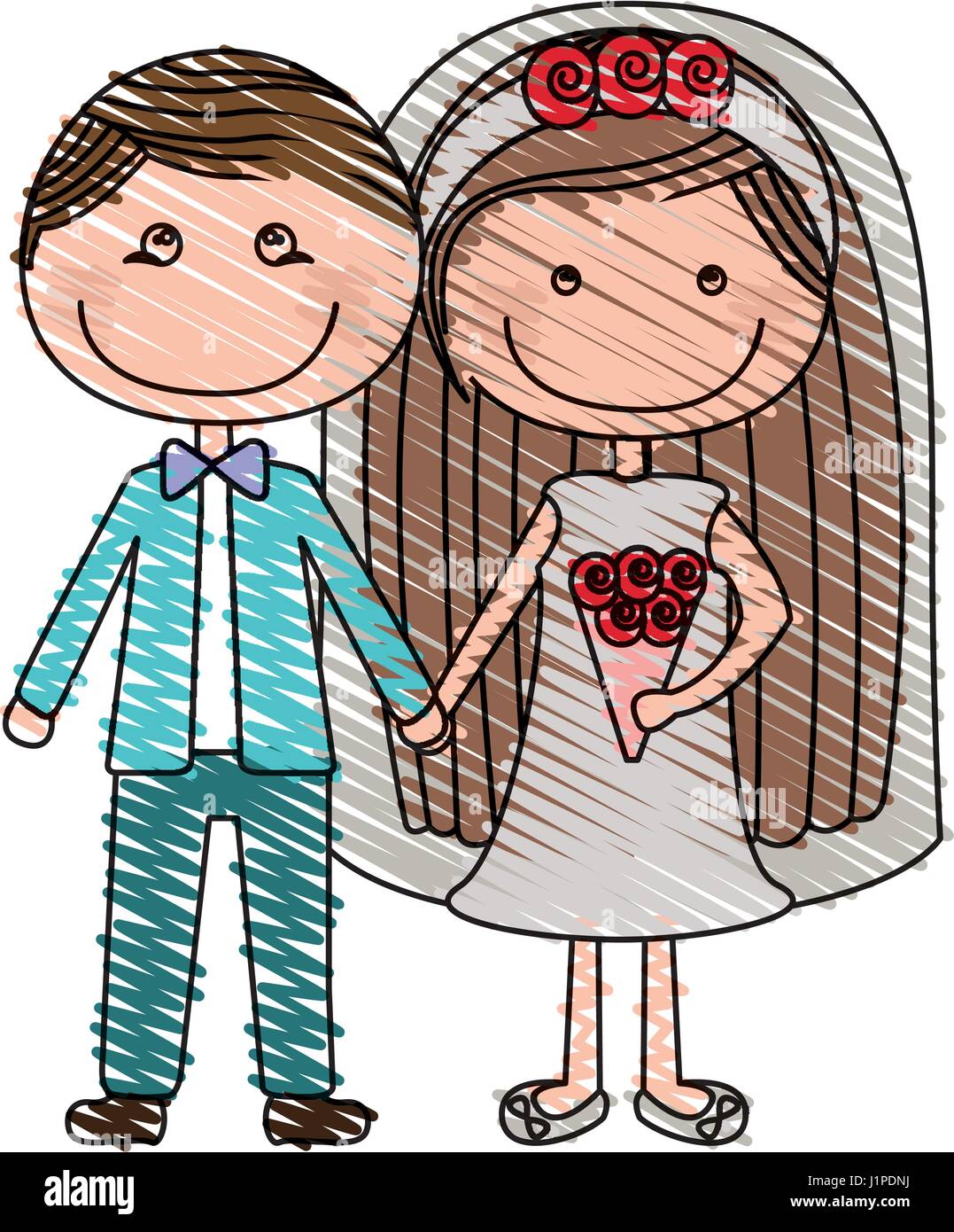 Dessin au crayon de couleur de la caricature formelle avec le marié costume et mariée aux cheveux longs Illustration de Vecteur