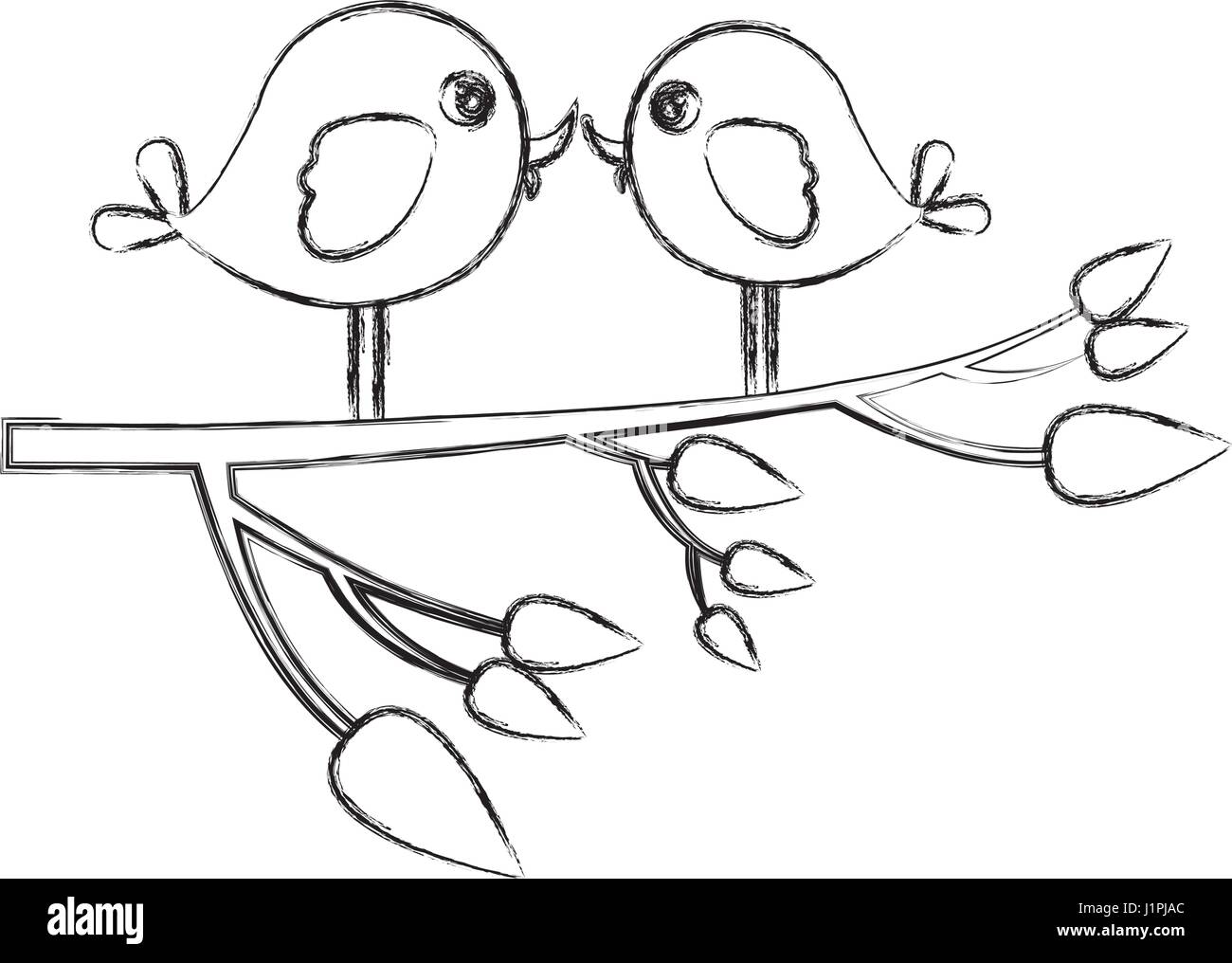 Croquis monochromes avec des oiseaux en paire tree branch Illustration de Vecteur