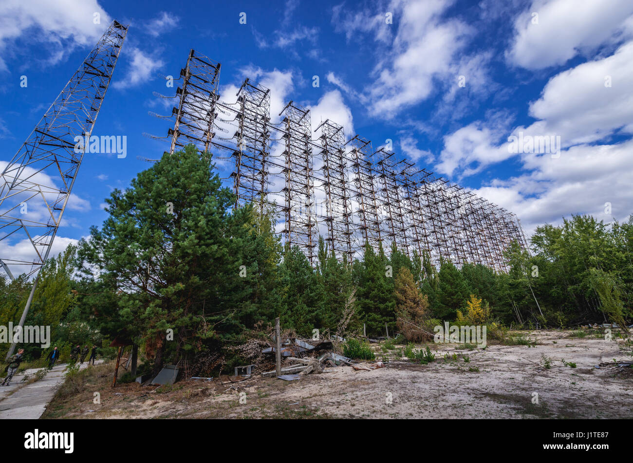 Système radar Duga à Tchernobyl-2 base militaire, nucléaire de Tchernobyl d'aliénation de la zone autour de la catastrophe du réacteur nucléaire en Ukraine Banque D'Images