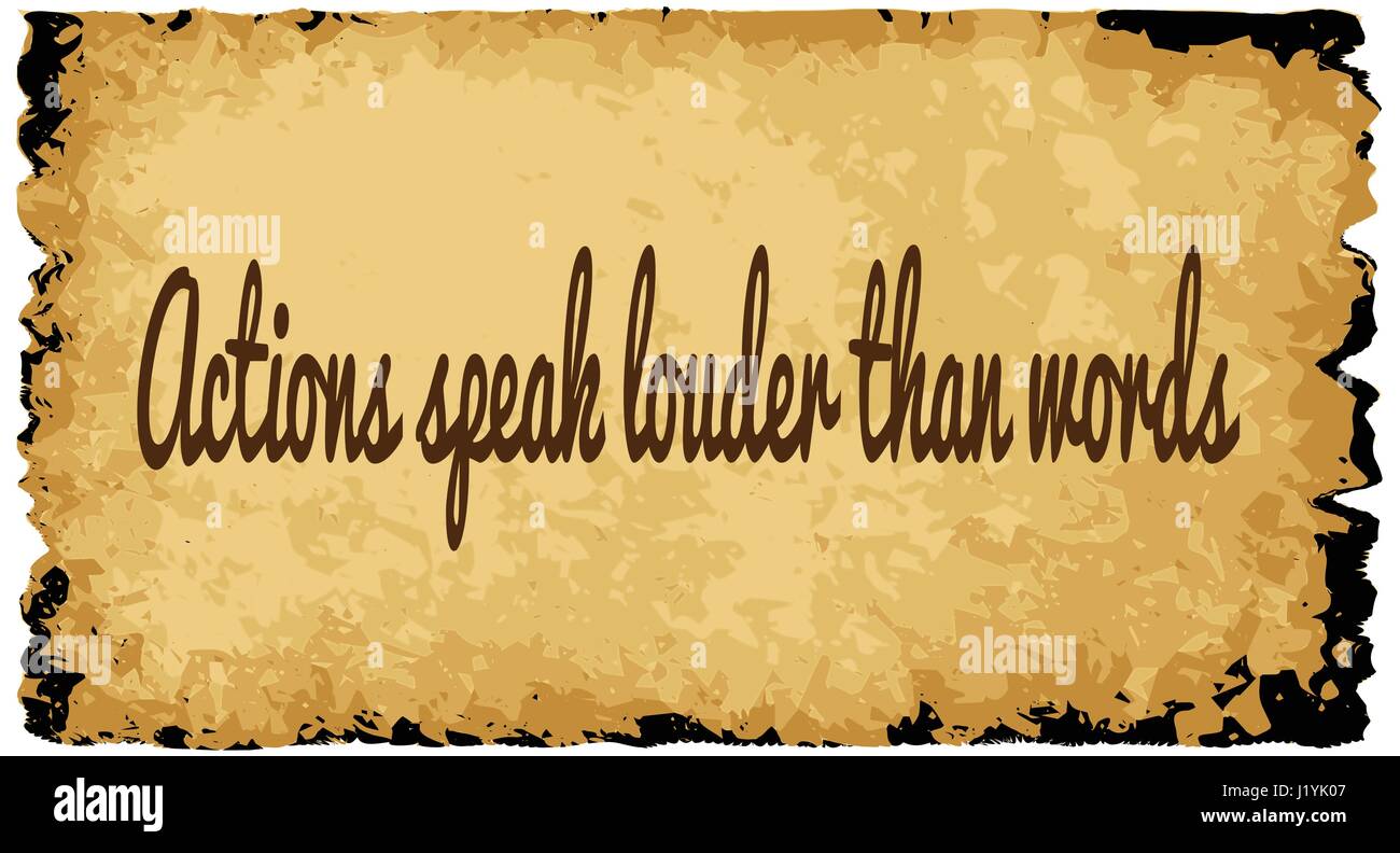 Un parchemin de l'arrière-plan noir et nuances de brun sur un fond blanc avec le texte les actes sont plus éloquents que les mots Illustration de Vecteur