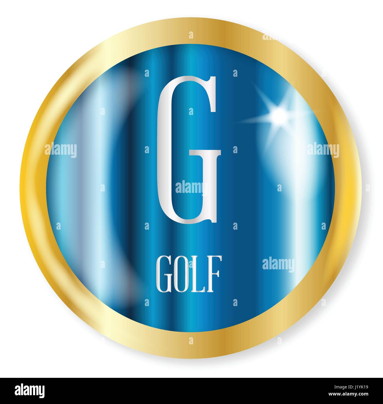 G Bouton pour le Golf de l'alphabet phonétique de l'OTAN avec un métal d'or frontière circulaire sur un fond blanc Illustration de Vecteur