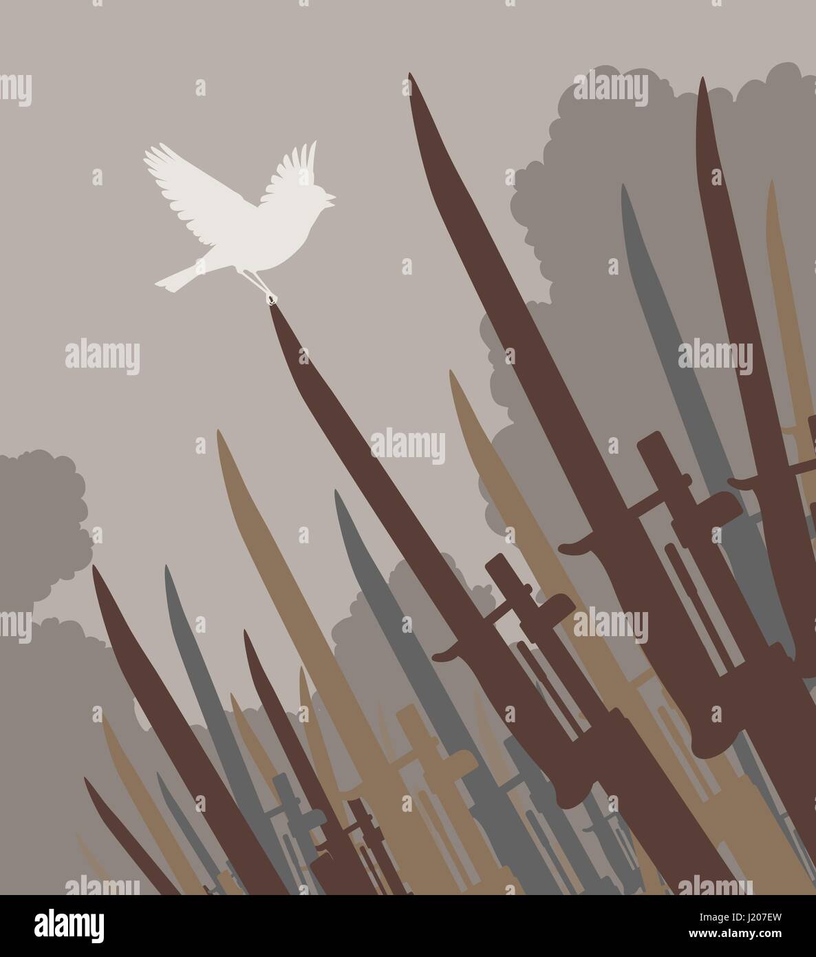 Vecteur modifiable silhouette d'un oiseau chantant perché sur la pointe d'une baïonnette en symbole de paix Illustration de Vecteur