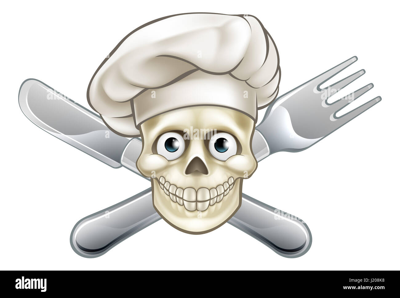 Cartoon chef pirate crâne et os en croix avec le couteau et la fourchette et hat Banque D'Images