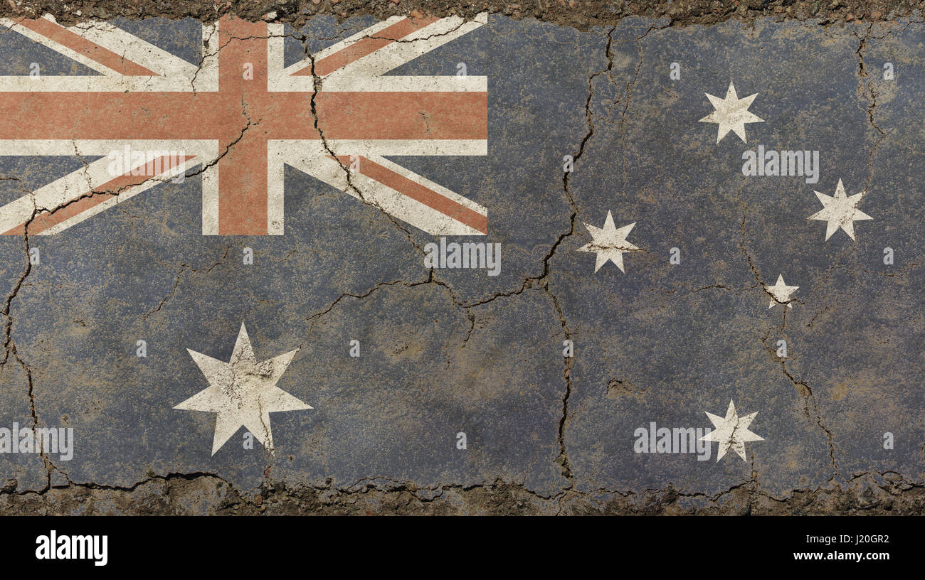 Old grunge vintage décolorée sale minable distressed Commonwealth d'Australie drapeau national contexte le mur de béton brisées avec des fissures Banque D'Images