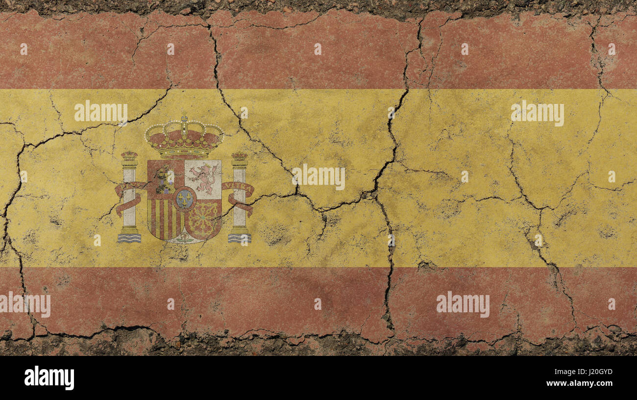 Old grunge vintage décolorée sale minable distressed Royaume d'Espagne drapeau national espagnol sur fond de mur de béton brisées avec des fissures Banque D'Images