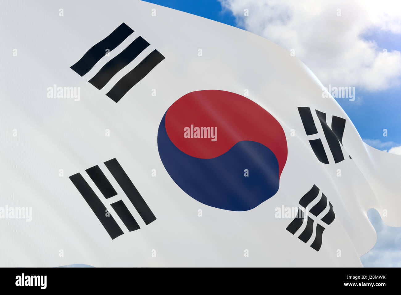 Le rendu 3D de brandir le drapeau de la Corée du Sud sur fond de ciel bleu, mouvement de l'indépendance Jour Ce jour commémore le mouvement du 1er mars en 1919. Ils ont d Banque D'Images